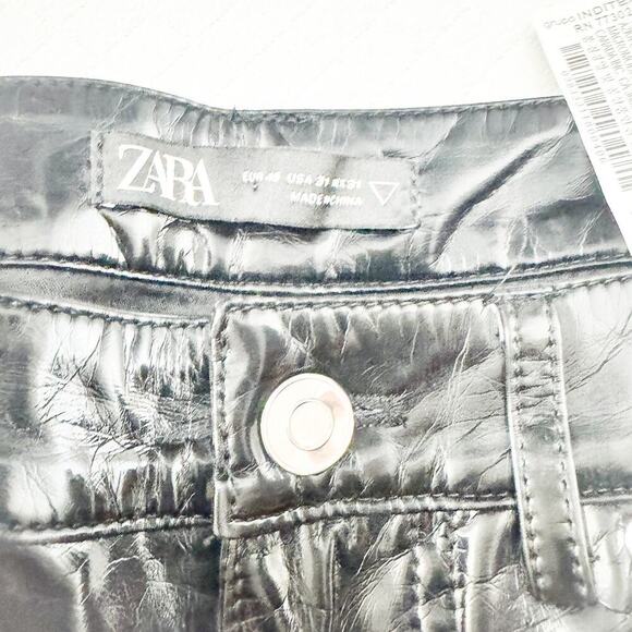 Zara Black Skinny Pants Patent Leather Metallic Denim Pants Size 31 - Picture 6 of 8
